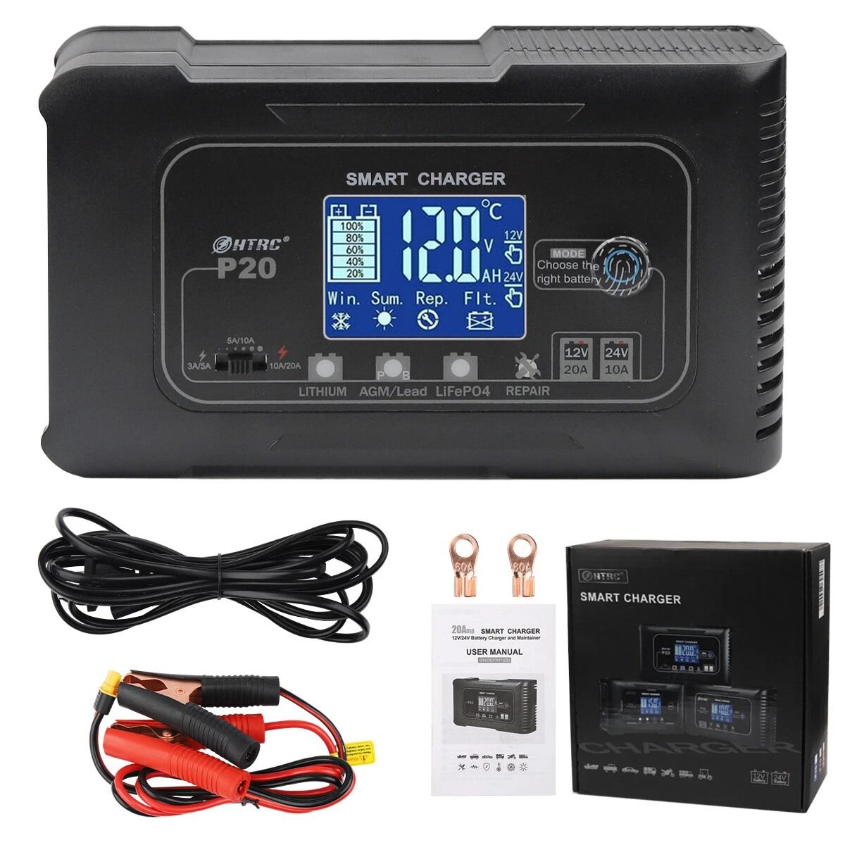 20Amp Smart Battery Charger 12V20A  24V10A For Lithium LiFePO4 LeadAcid AGMGel Batteries 1