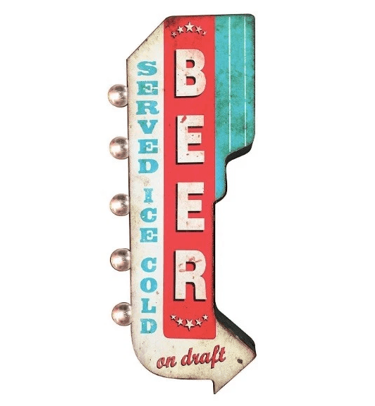 BEER Ice Cold On Draft Double Sided Metal Sign W/ LED Lights, Retro Craft Bar & Man Cave Decor