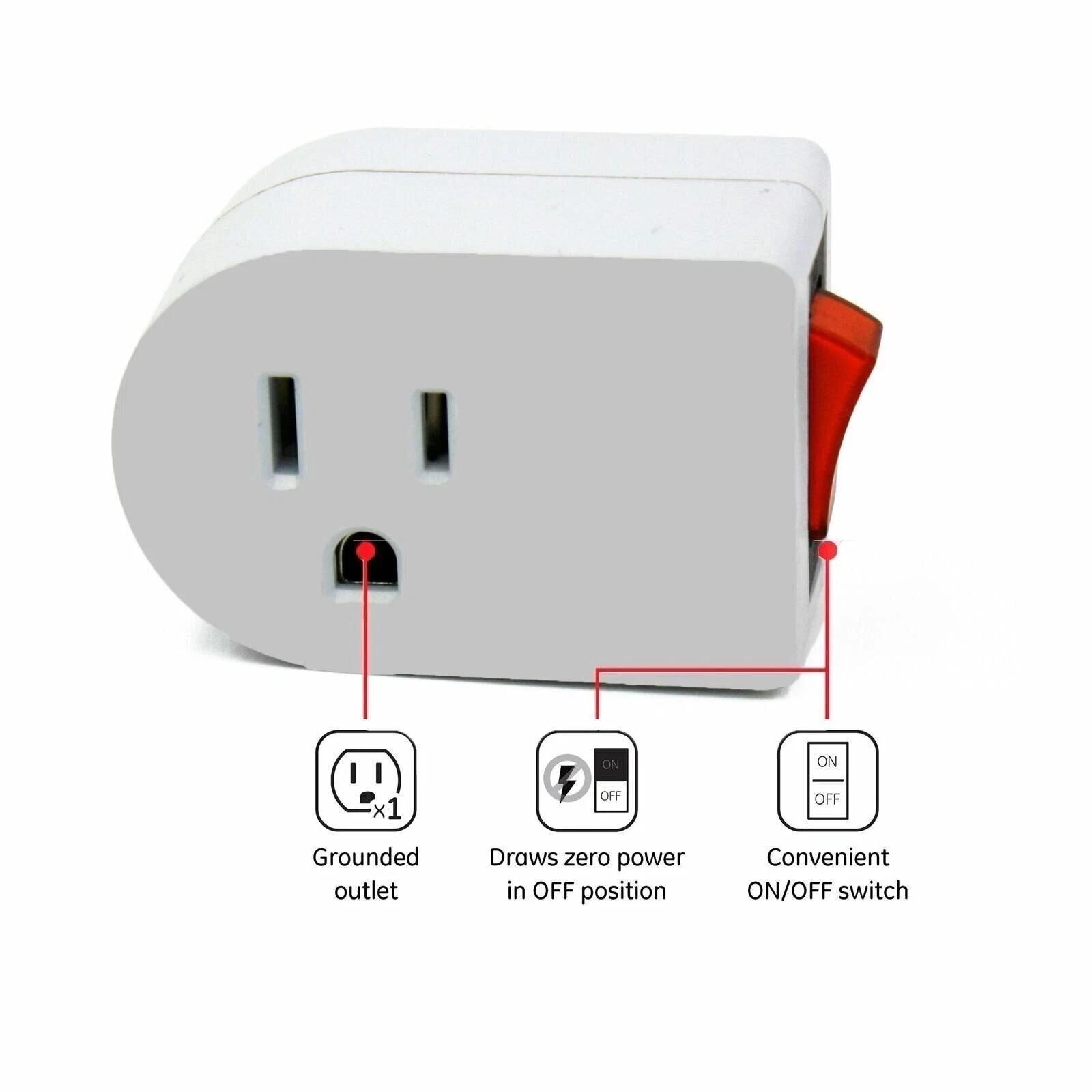 2Pack 3Prong Grounded AC Power Wall Tap  Single Outlet With ONOFF Switch 2
