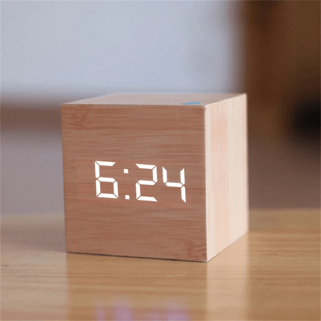 Wooden Square LED Voice-Control Alarm Clock – Retro Glow Table Clock with Snooze