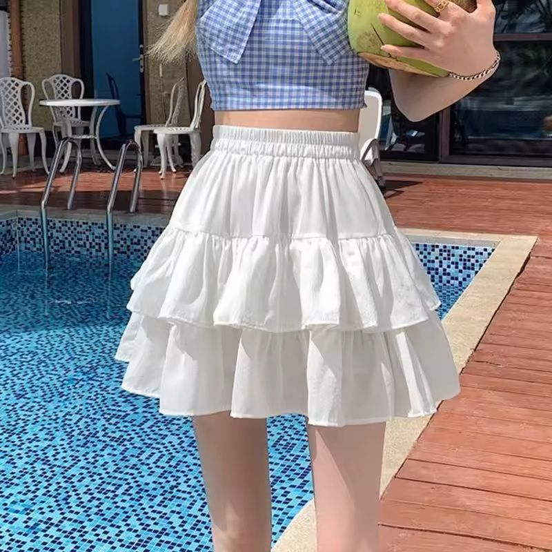 Pleated Ruffle A-Line Skirt – White Tiered Summer Mini Skirt for Women