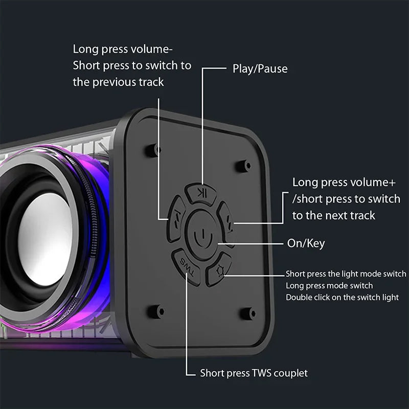 V8 Transparent Mecha Speakers Bluetooth Wireless Double Bass Diaphragm Subwoofer Music TWS RGB Light Loudspeaker