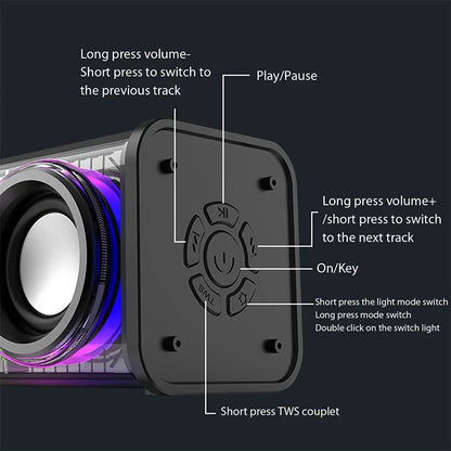 V8 Transparent Mecha Speakers Bluetooth Wireless Double Bass Diaphragm Subwoofer Music TWS RGB Light Loudspeaker