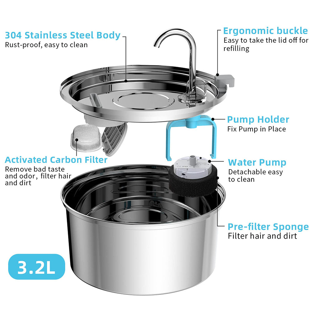 Stainless Steel Pet Water Fountain Automatic USB Cat  Dog Feeder With UltraQuiet Pump  Double Filtr 4