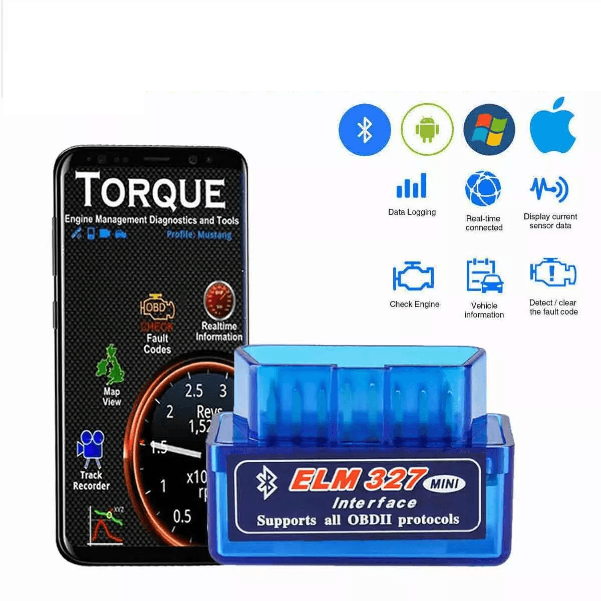 OBDII Bluetooth Car Scanner Code Reader, ELM OBD2 Diagnostic Tool, Engine Fault Reader Compatible with iPhone iOS