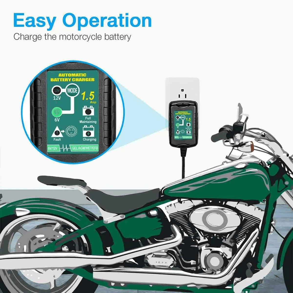 Automatic Battery Charger Maintainer Trickle Float For Motorcycle Car ATV Marine SLA AGM Gel Deep C 1