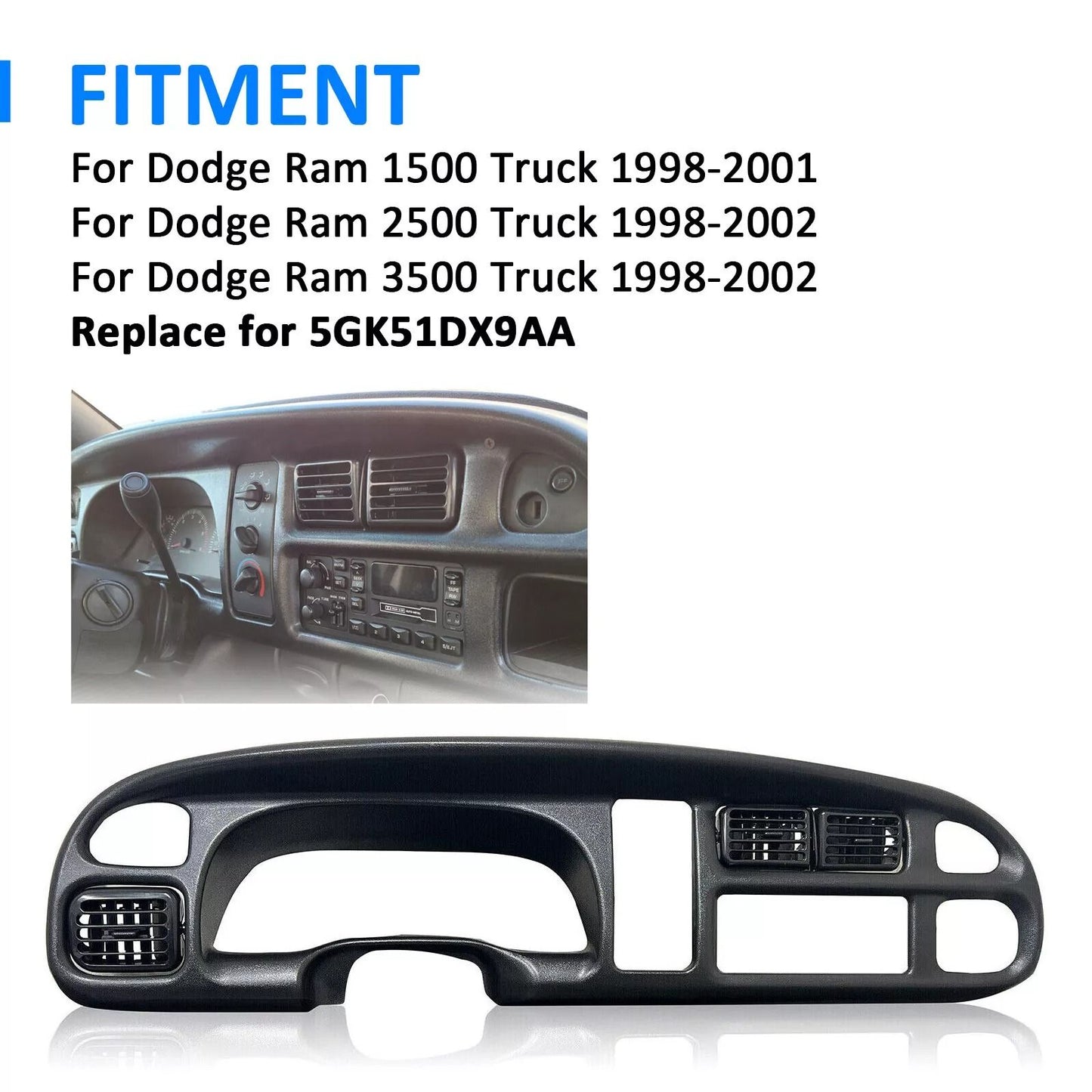 Black Dash Bezel with Vents for 98-2002 Dodge Ram 1500 2500 3500 Pickup – OEM Style Replacement