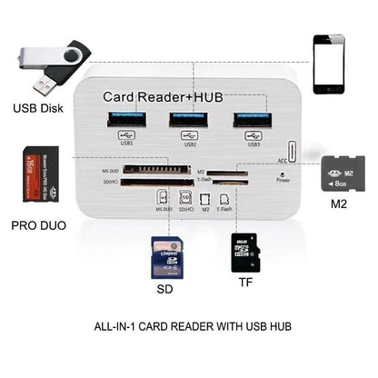 3in1 Aluminum USB 30 Hub  Memory Card Reader Supports MS SD M2 TF Cards 3