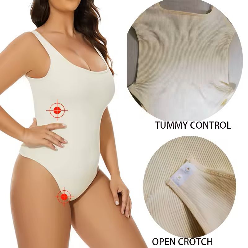 Ribbed Tummy Control Bodysuit  Light Compression Shaper With Open Crotch 4