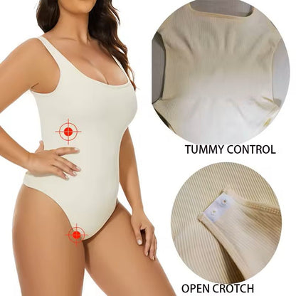 Ribbed Tummy Control Bodysuit  Light Compression Shaper With Open Crotch 4