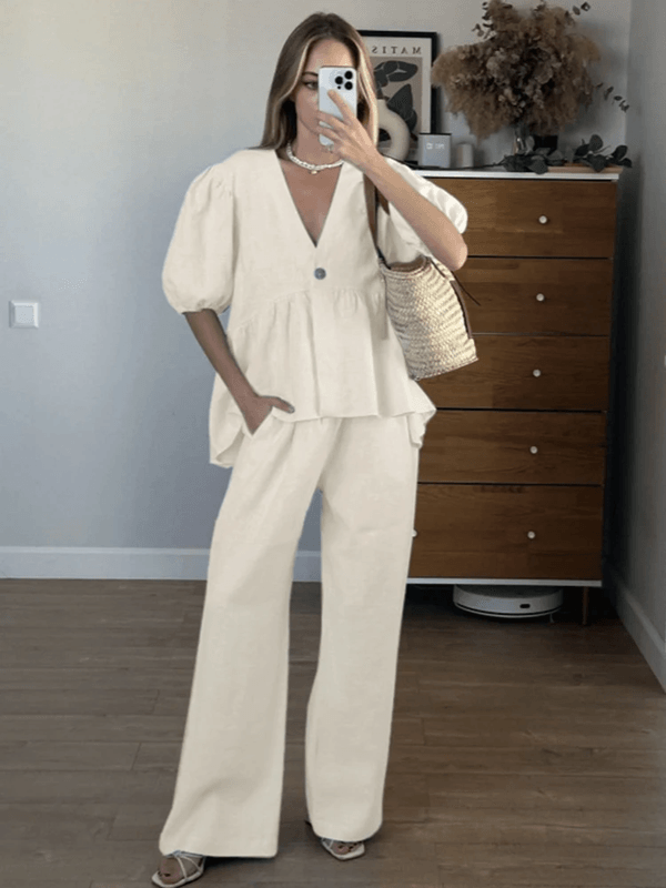Womens Cotton Two Piece Matching Set V Neck Lounge Outfit for Spring and Summer