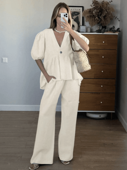 Womens Cotton Two Piece Matching Set V Neck Lounge Outfit for Spring and Summer