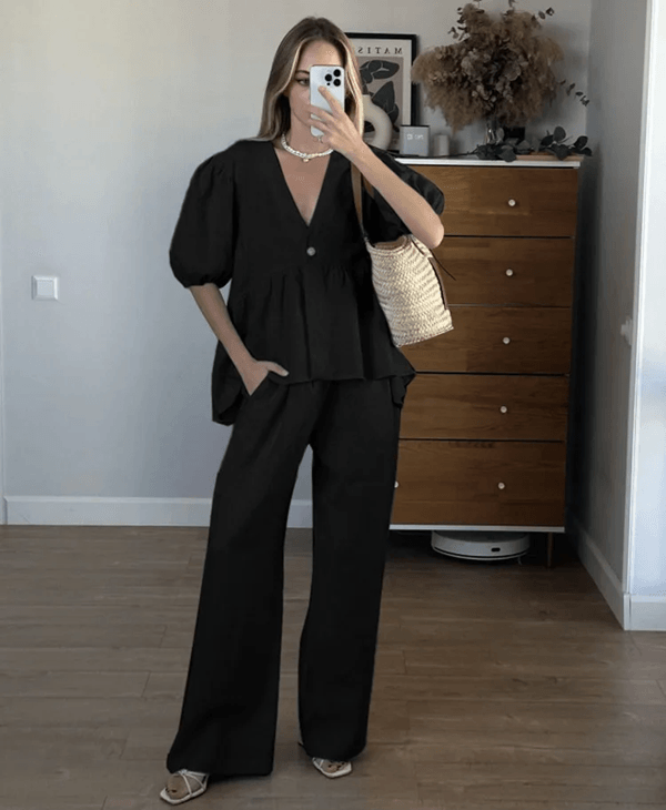 Womens Cotton Two Piece Matching Set V Neck Lounge Outfit For Spring And Summer 1