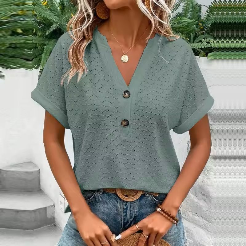 Jacquard VNeck Blouse  Casual Summer ButtonUp Shirt For Women 1