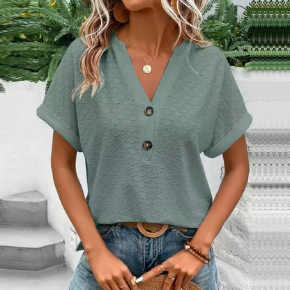 Jacquard VNeck Blouse  Casual Summer ButtonUp Shirt For Women 1
