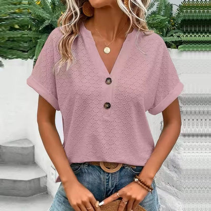 Jacquard VNeck Blouse  Casual Summer ButtonUp Shirt For Women 2