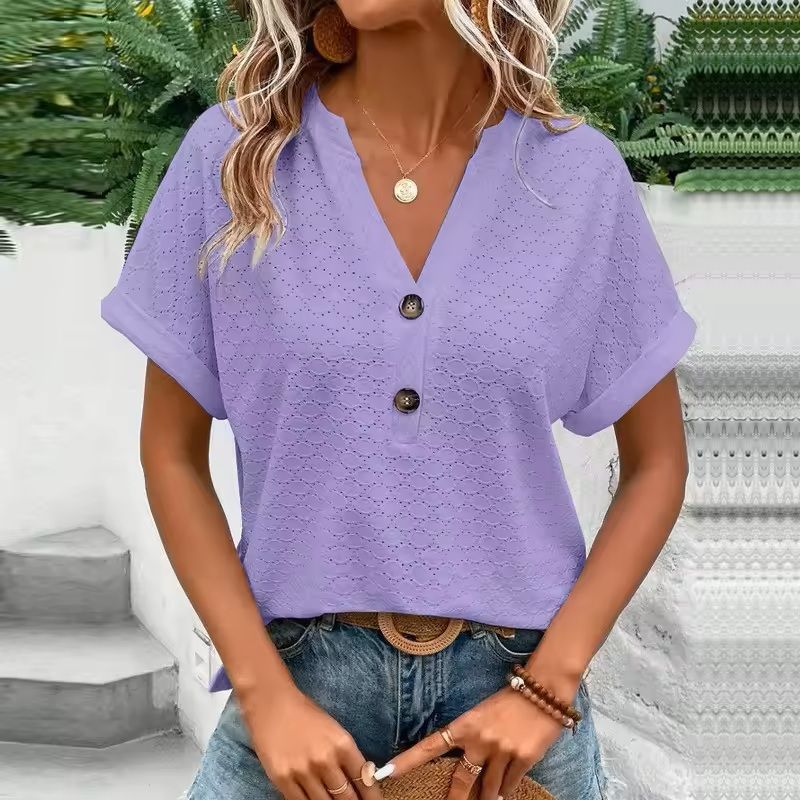 Jacquard VNeck Blouse  Casual Summer ButtonUp Shirt For Women 3