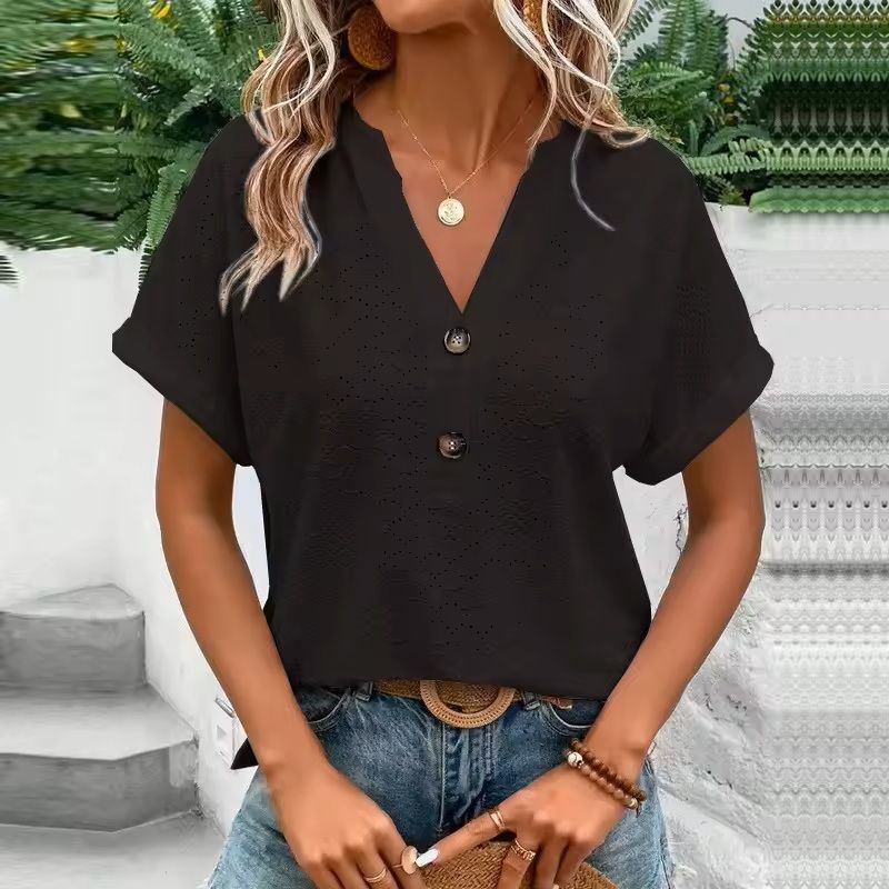 Jacquard VNeck Blouse  Casual Summer ButtonUp Shirt For Women 4