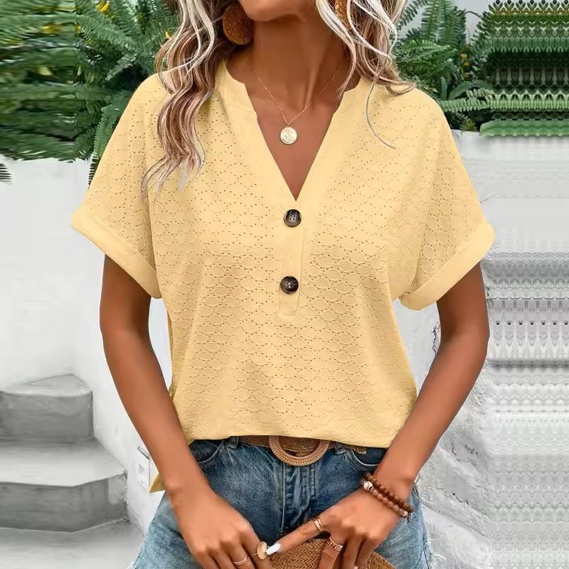 Jacquard VNeck Blouse  Casual Summer ButtonUp Shirt For Women 5