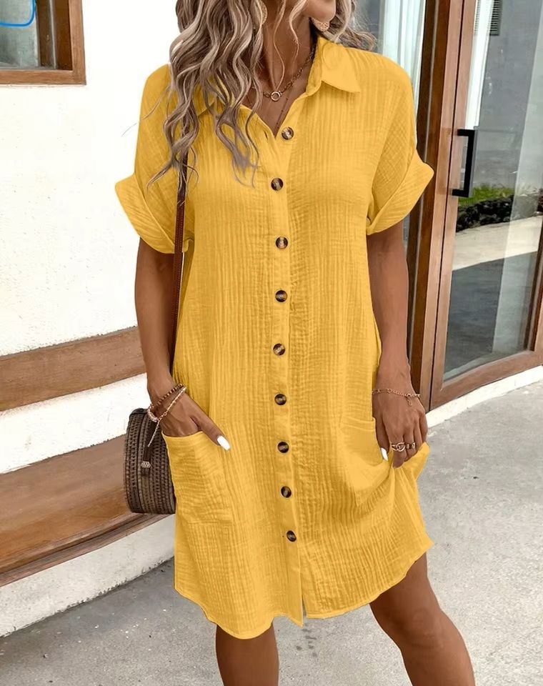 Vintage V Neck Cotton Linen Mini Dress  Casual Summer ThreeQuarter Sleeve Holiday Style 1