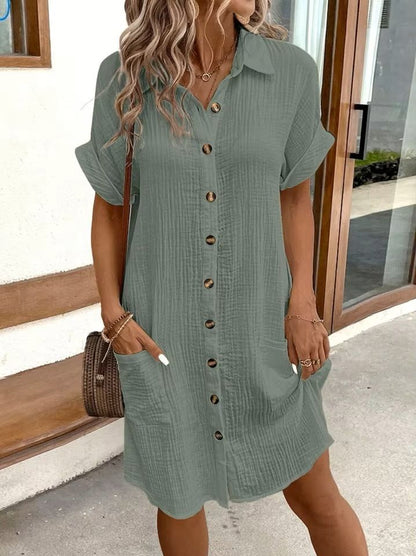 Vintage V Neck Cotton Linen Mini Dress  Casual Summer ThreeQuarter Sleeve Holiday Style 2