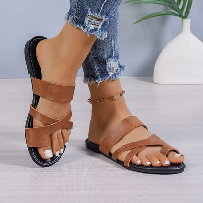 Square Toe Slip On Flat Sandals For Women  Summer Cross Strap Beach Slippers 10