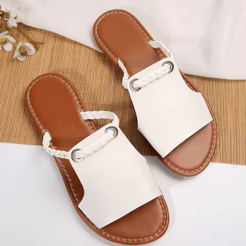 Square Toe Slip On Flat Sandals For Women  Summer Cross Strap Beach Slippers 5