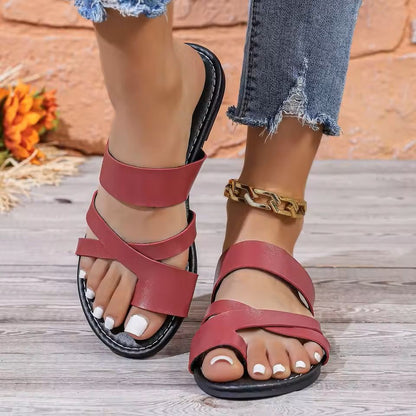 Square Toe Slip On Flat Sandals For Women  Summer Cross Strap Beach Slippers 7