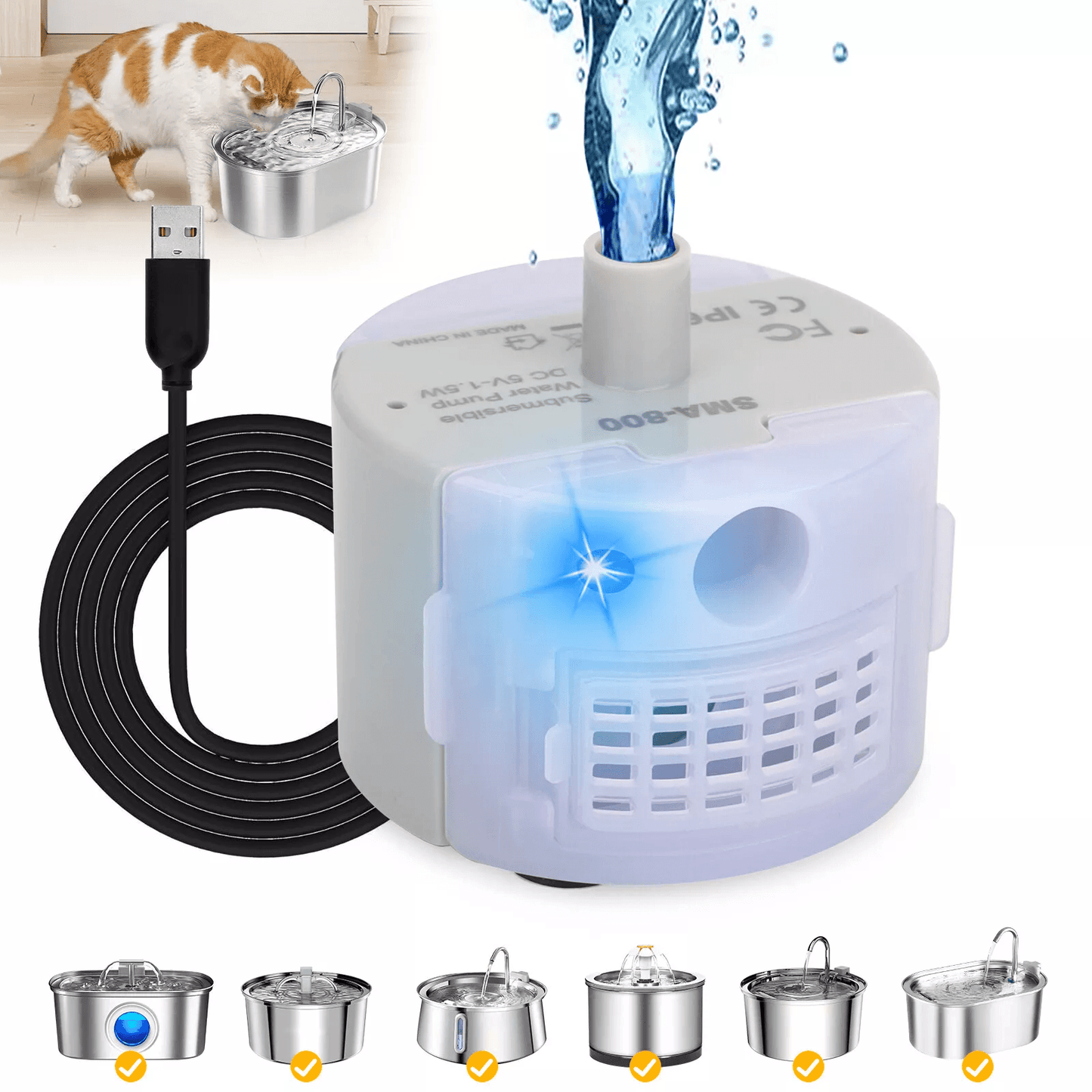 Cat Water Dispenser Pump with USB Rechargeable Motor, LED Light Pet Drinking Fountain for Cats and Small Dogs