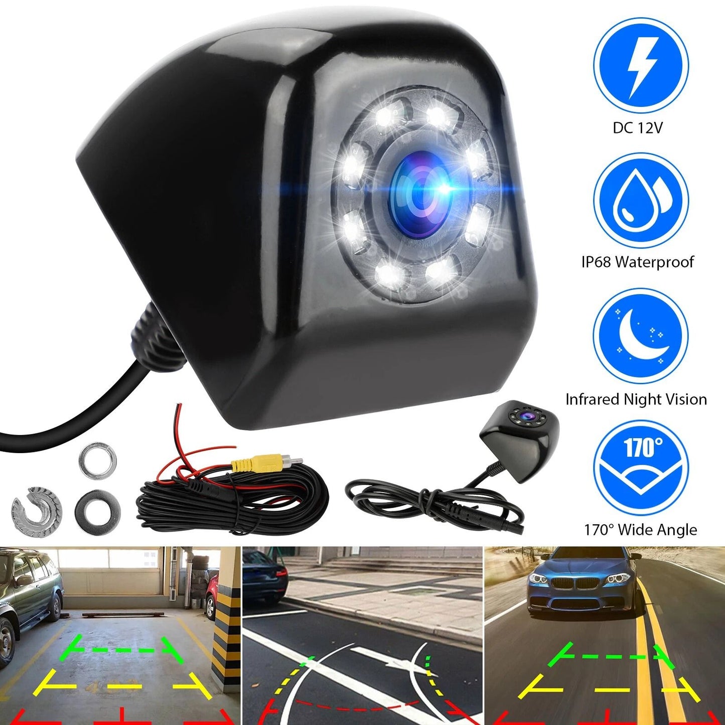Backup Camera for Cars, 170° Wide Angle, 8 LED Night Vision, Waterproof HD CMOS Reverse Camera