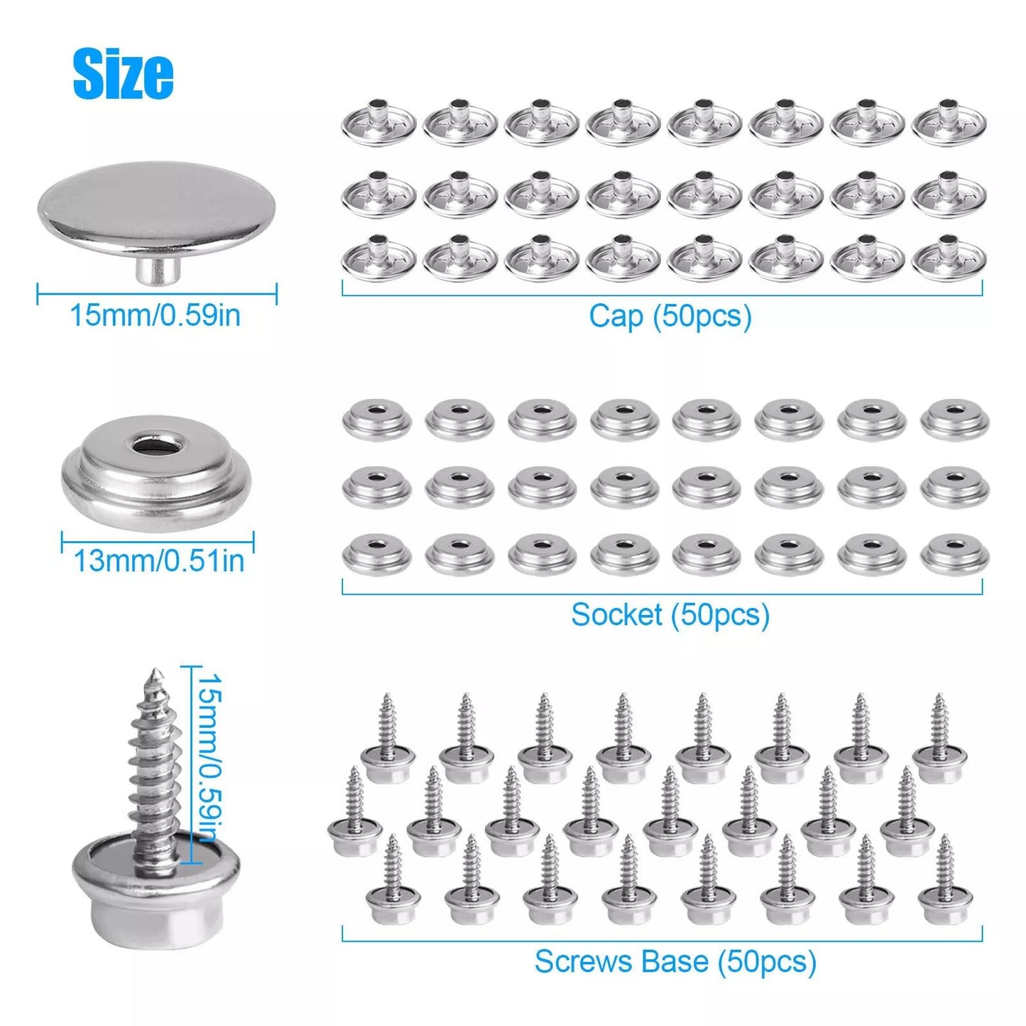 MarineGrade Snap Fastener Kit 50 Set Stainless Steel Boat Canvas Cover Buttons  Socket Fasteners 4