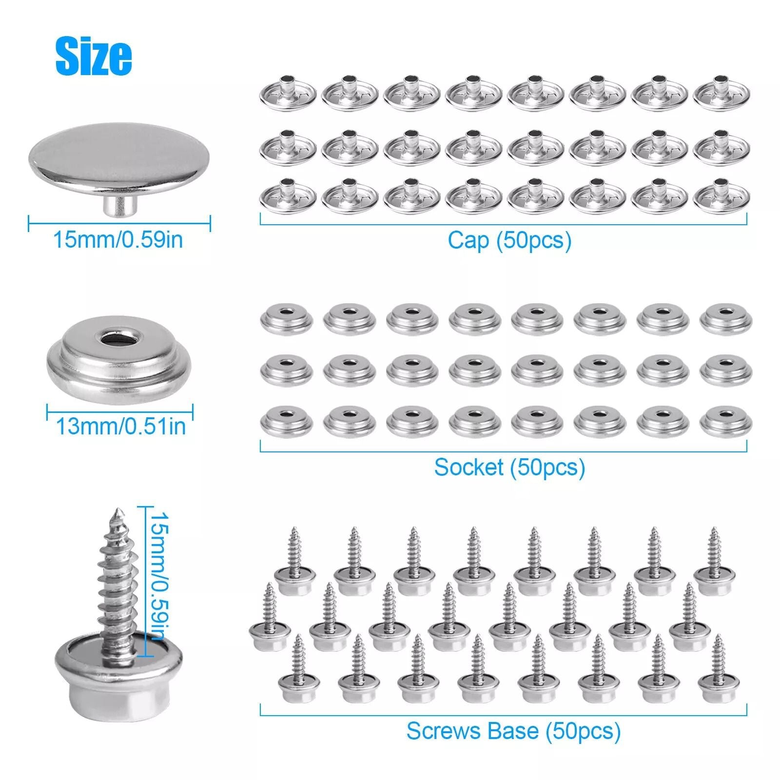 MarineGrade Snap Fastener Kit 50 Set Stainless Steel Boat Canvas Cover Buttons  Socket Fasteners 4