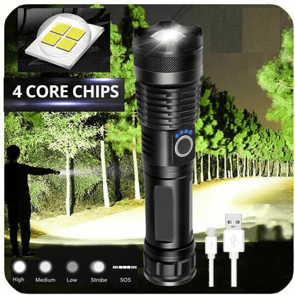 Super-Bright LED Tactical Flashlight With Rechargeable Battery, Waterproof, Zoomable, High Lumens, Emergency & Outdoor