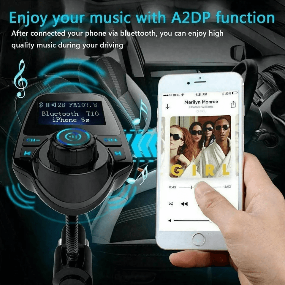 Bluetooth Wireless Car FM Transmitter AUX Stereo Receiver Adapter With 2 USB Charger Ports HandsFre 6