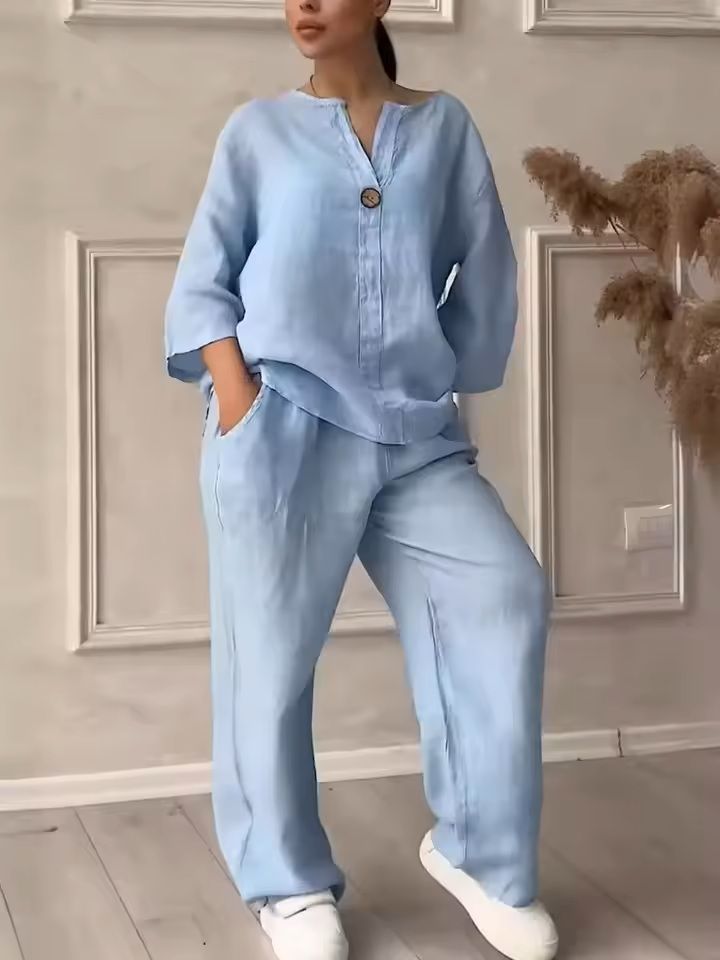 Womens Cotton Linen 2Piece Lounge Set  Loose Long Sleeve Top And WideLeg Pants 1