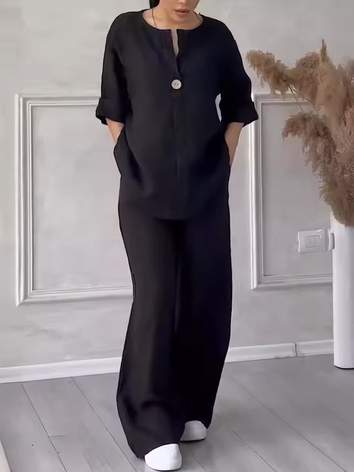 Womens Cotton Linen 2Piece Lounge Set  Loose Long Sleeve Top And WideLeg Pants 4