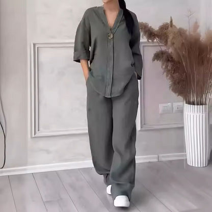 Womens Cotton Linen 2Piece Lounge Set  Loose Long Sleeve Top And WideLeg Pants 5