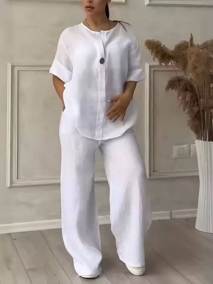Womens Cotton Linen 2Piece Lounge Set  Loose Long Sleeve Top And WideLeg Pants 6