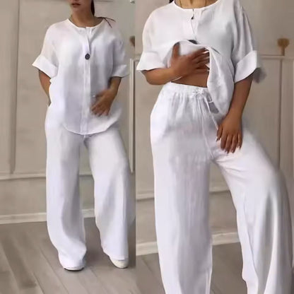 Women's Cotton Linen 2-Piece Lounge Set – Loose Long Sleeve Top and Wide-Leg Pants