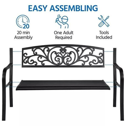 Antique Iron Patio Garden Bench Outdoor Yard Bench With Scroll Heart Design RustResistant Park Benc 1