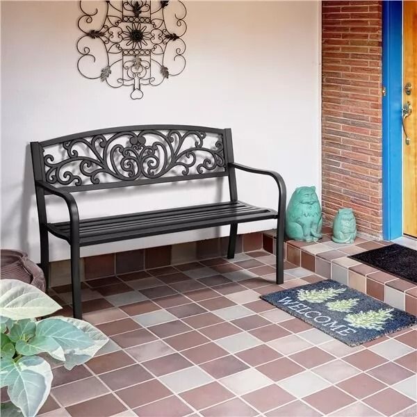 Antique Iron Patio Garden Bench Outdoor Yard Bench With Scroll Heart Design RustResistant Park Benc 3
