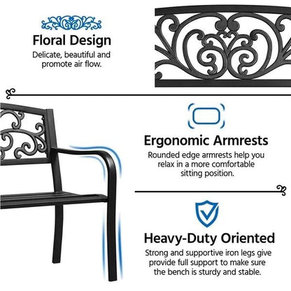 Antique Iron Patio Garden Bench Outdoor Yard Bench With Scroll Heart Design RustResistant Park Benc 4