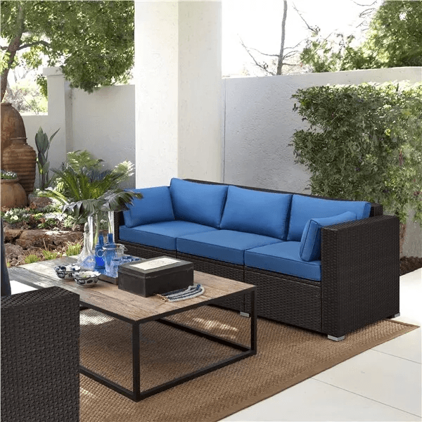 3 Seat Outdoor Rattan Couch Patio Wicker Sofa With Protective Cover  Throw Pillows BrownDark Blue 1