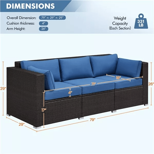 3 Seat Outdoor Rattan Couch Patio Wicker Sofa With Protective Cover  Throw Pillows BrownDark Blue 2
