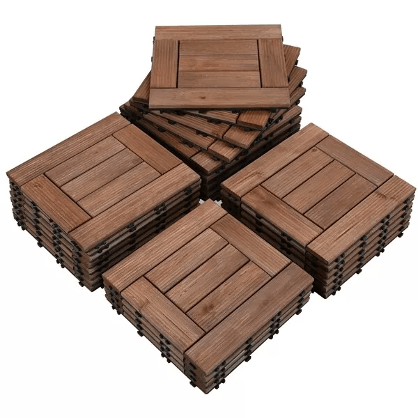 Interlocking Deck Tiles Wood Flooring Solid Wood Brown Patio Tiles for Outdoor, Garden, Balcony, and Terrace Renovation