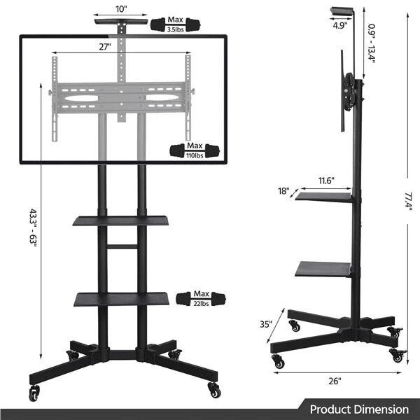 32 To 75in HeightAdjustable Mobile TV Stand  Rolling TV Cart With Lockable Wheels  Storage Shelves 2