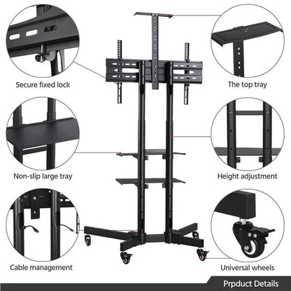 32 to 75in Height-Adjustable Mobile TV Stand – Rolling TV Cart with Lockable Wheels & Storage Shelves