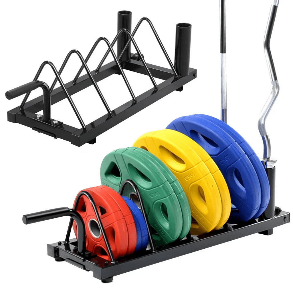 Horizontal Barbell and Plate Storage Rack, Olympic Bumper Bar Holder & Weight Plate Organizer, Rolling Wheels