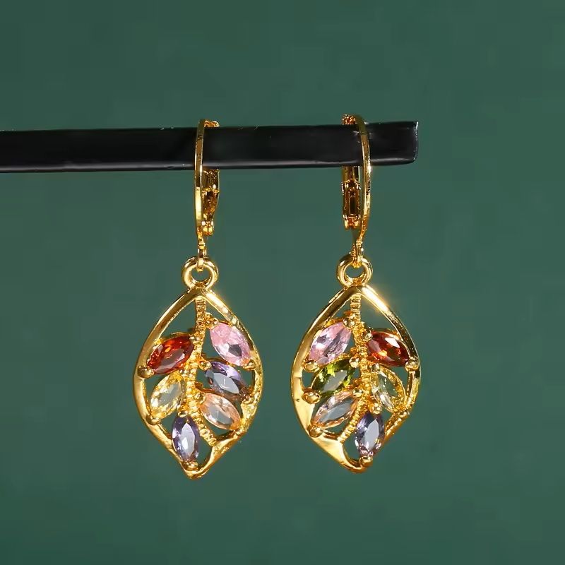 Golden Leaf Zircon Earrings  Elegant Colored Crystal Jewelry Gift For Women 1
