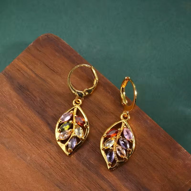 Golden Leaf Zircon Earrings  Elegant Colored Crystal Jewelry Gift For Women 2